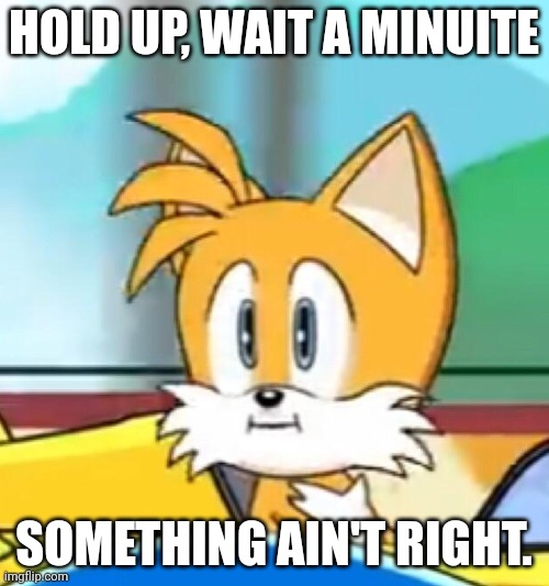 Tails hold up | HOLD UP, WAIT A MINUITE SOMETHING AIN'T RIGHT. | image tagged in tails hold up | made w/ Imgflip meme maker