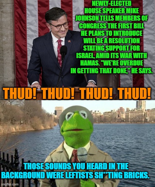 We should NOT be funding the Ukraine war venture nor the Israeli war, but this much is fine. | NEWLY-ELECTED HOUSE SPEAKER MIKE JOHNSON TELLS MEMBERS OF CONGRESS THE FIRST BILL HE PLANS TO INTRODUCE WILL BE A RESOLUTION STATING SUPPORT FOR ISRAEL, AMID ITS WAR WITH HAMAS. "WE'RE OVERDUE IN GETTING THAT DONE," HE SAYS. THUD!  THUD!  THUD!  THUD! THOSE SOUNDS YOU HEARD IN THE BACKGROUND WERE LEFTISTS SH**TING BRICKS. | image tagged in yep | made w/ Imgflip meme maker