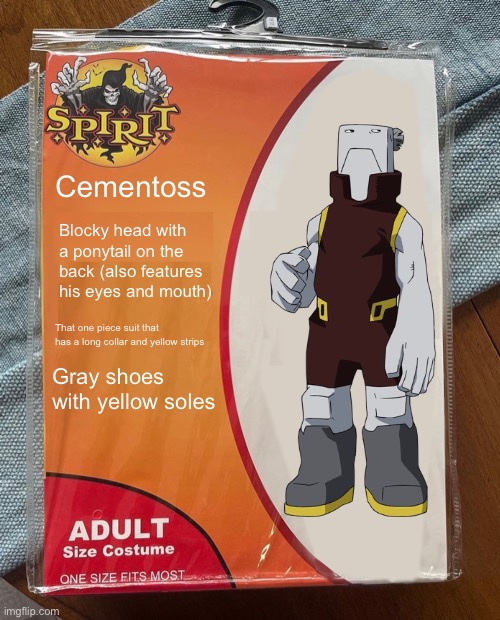 pov: you became cementoss for halloween | Cementoss; Blocky head with a ponytail on the back (also features his eyes and mouth); That one piece suit that has a long collar and yellow strips; Gray shoes with yellow soles | image tagged in spirit halloween,halloween | made w/ Imgflip meme maker