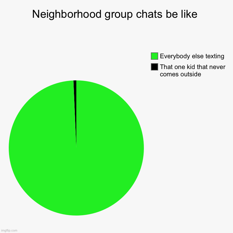 Neighborhood gc fr | Neighborhood group chats be like | That one kid that never comes outside, Everybody else texting | image tagged in charts,pie charts | made w/ Imgflip chart maker