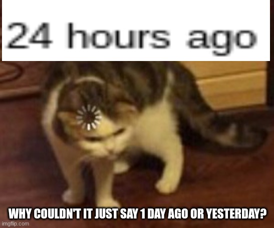 uuuuuhhhhhhhhhh | WHY COULDN'T IT JUST SAY 1 DAY AGO OR YESTERDAY? | image tagged in loading cat | made w/ Imgflip meme maker