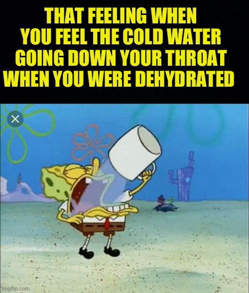 real | THAT FEELING WHEN YOU FEEL THE COLD WATER GOING DOWN YOUR THROAT WHEN YOU WERE DEHYDRATED | image tagged in black background,spongebob drinking water,fresh memes,funny,memes | made w/ Imgflip meme maker