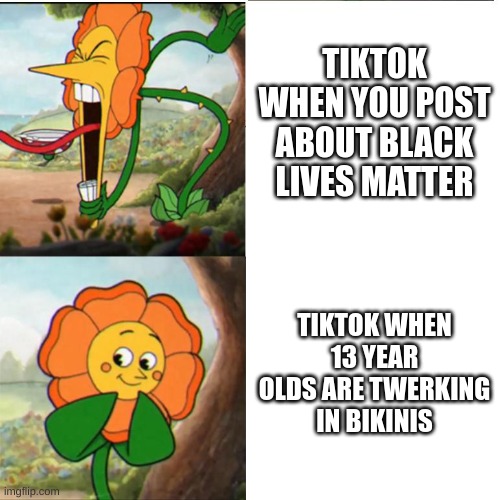 Cuphead Flower | TIKTOK WHEN YOU POST ABOUT BLACK LIVES MATTER; TIKTOK WHEN 13 YEAR OLDS ARE TWERKING IN BIKINIS | image tagged in cuphead flower | made w/ Imgflip meme maker