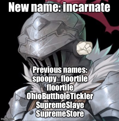 Goblin Slayer | New name: incarnate; Previous names:
spoopy_floortile
floortile
OhioButtholeTickler
SupremeSlaye
SupremeStore | image tagged in goblin slayer | made w/ Imgflip meme maker