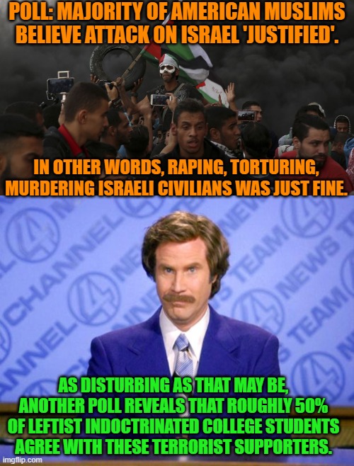 Of course 'disturbing' is definitely an understatement. | POLL: MAJORITY OF AMERICAN MUSLIMS BELIEVE ATTACK ON ISRAEL 'JUSTIFIED'. IN OTHER WORDS, RAPING, TORTURING, MURDERING ISRAELI CIVILIANS WAS JUST FINE. AS DISTURBING AS THAT MAY BE, ANOTHER POLL REVEALS THAT ROUGHLY 50% OF LEFTIST INDOCTRINATED COLLEGE STUDENTS AGREE WITH THESE TERRORIST SUPPORTERS. | image tagged in yep | made w/ Imgflip meme maker