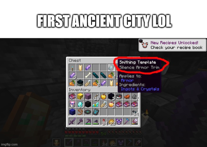 lol | FIRST ANCIENT CITY LOL | image tagged in rare,minecraft | made w/ Imgflip meme maker