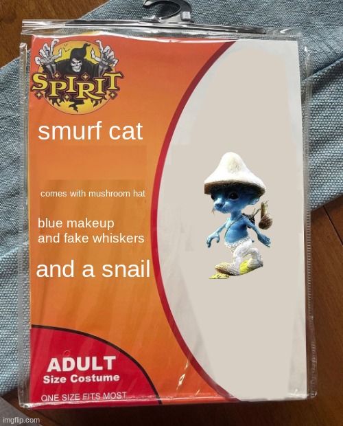 spirit halloween smurf cat costume | smurf cat; comes with mushroom hat; blue makeup and fake whiskers; and a snail | image tagged in spirit halloween,blue smurf cat,fake | made w/ Imgflip meme maker