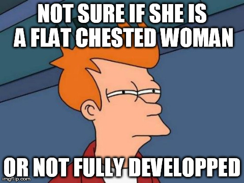 Futurama Fry Meme | NOT SURE IF SHE IS A FLAT CHESTED WOMAN OR NOT FULLY DEVELOPPED | image tagged in memes,futurama fry | made w/ Imgflip meme maker