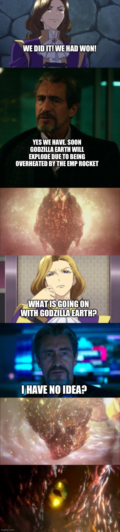 Godzilla Earth awakens his secret ability | WE DID IT! WE HAD WON! YES WE HAVE. SOON GODZILLA EARTH WILL EXPLODE DUE TO BEING OVERHEATED BY THE EMP ROCKET; WHAT IS GOING ON WITH GODZILLA EARTH? I HAVE NO IDEA? | image tagged in godzilla,crossover | made w/ Imgflip meme maker