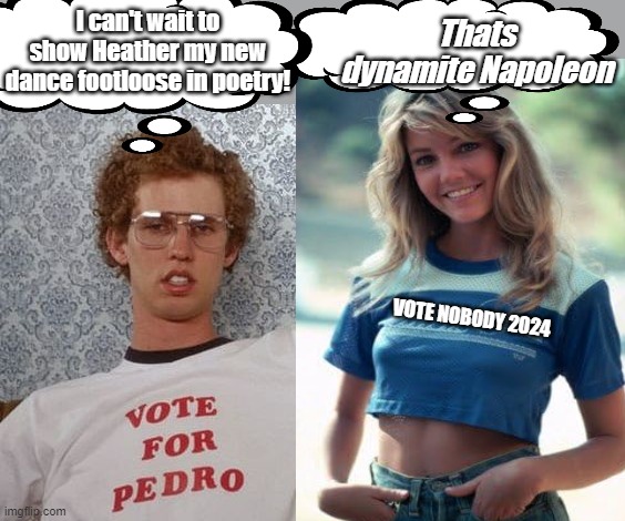 Vote nobody It's a fraud | I can't wait to show Heather my new dance footloose in poetry! Thats dynamite Napoleon; VOTE NOBODY 2024 | image tagged in politics,napolean dynamite,beautiful woman | made w/ Imgflip meme maker