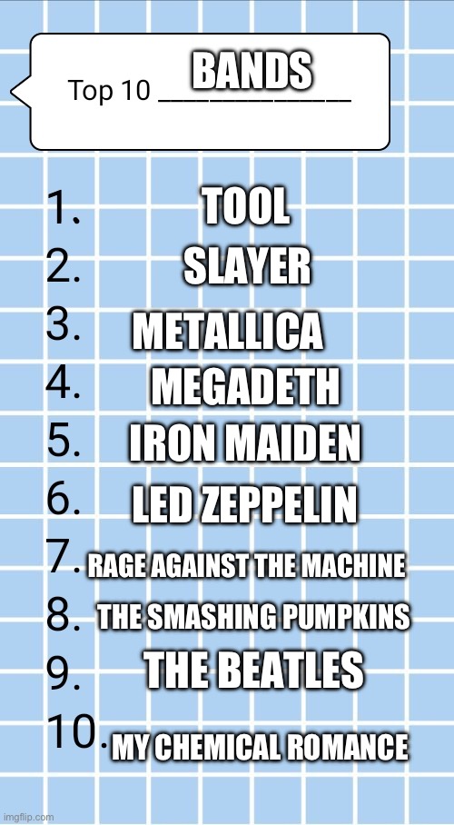 This is just my list | BANDS; TOOL; SLAYER; METALLICA; MEGADETH; IRON MAIDEN; LED ZEPPELIN; RAGE AGAINST THE MACHINE; THE SMASHING PUMPKINS; THE BEATLES; MY CHEMICAL ROMANCE | image tagged in top 10,heavy metal | made w/ Imgflip meme maker
