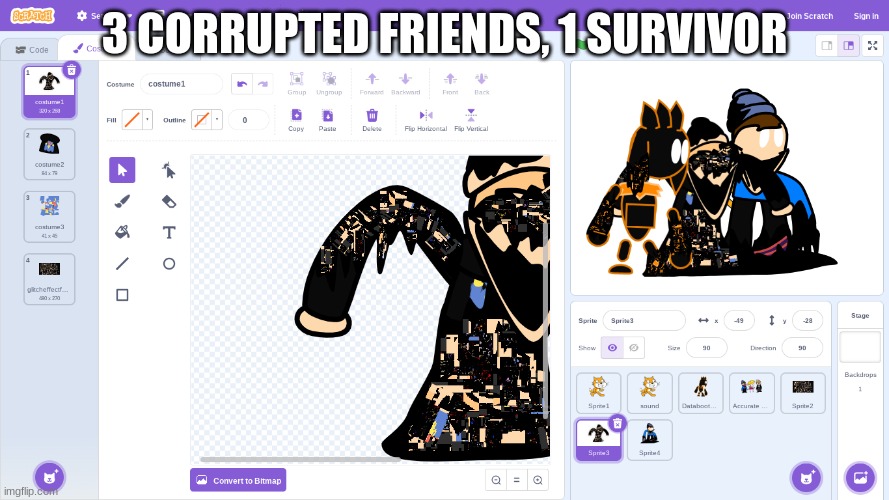 preview | 3 CORRUPTED FRIENDS, 1 SURVIVOR | image tagged in scratch,pibby | made w/ Imgflip meme maker