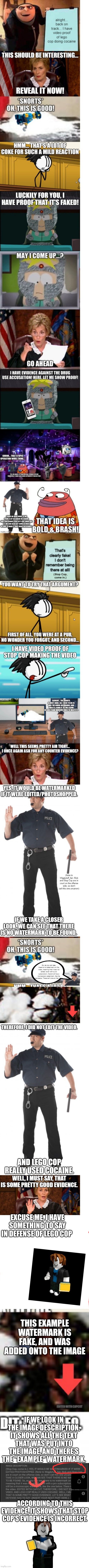 Court case | EXCUSE ME, I HAVE SOMETHING TO SAY IN DEFENSE OF LEGO COP; 📒; THIS EXAMPLE WATERMARK IS FAKE, AND WAS ADDED ONTO THE IMAGE; IF WE LOOK IN THE IMAGE DESCRIPTION, IT SHOWS ALL THE TEXT THAT WAS PUT INTO THE IMAGE, AND THERE'S THE "EXAMPLE" WATERMARK. ACCORDING TO THIS EVIDENCE, IT SHOWS THAT STOP COP'S EVIDENCE IS INCORRECT. 📒 | image tagged in blank white template,bacon hair joins the battle | made w/ Imgflip meme maker