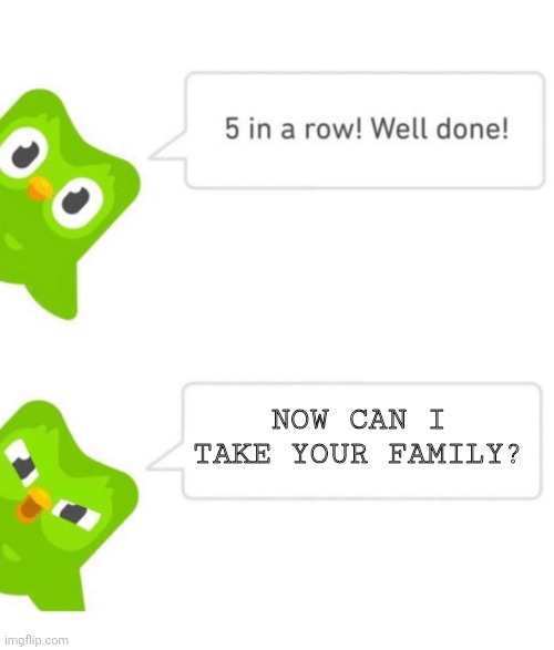 Five in a row is not good enough to keep you safe | NOW CAN I TAKE YOUR FAMILY? | image tagged in duolingo 5 in a row | made w/ Imgflip meme maker
