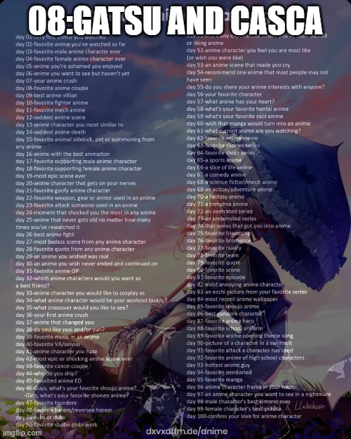 100 day anime challenge | 08:GATSU AND CASCA | image tagged in 100 day anime challenge,berserk | made w/ Imgflip meme maker