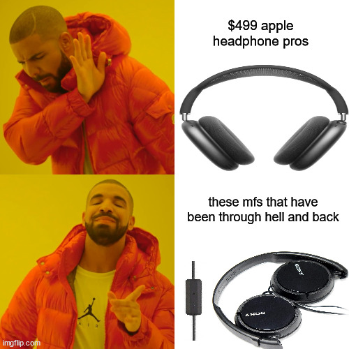 Headphone comparison | $499 apple headphone pros; these mfs that have been through hell and back | image tagged in memes,drake hotline bling | made w/ Imgflip meme maker