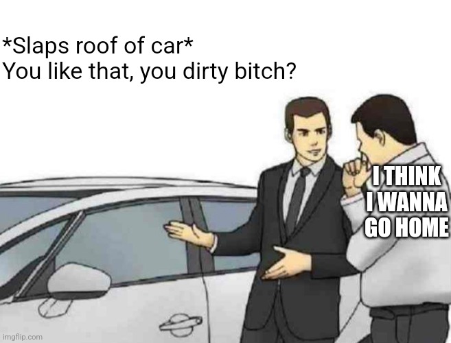 Car Salesman Slaps Roof Of Car | *Slaps roof of car*
You like that, you dirty bitch? I THINK I WANNA GO HOME | image tagged in memes,car salesman slaps roof of car | made w/ Imgflip meme maker