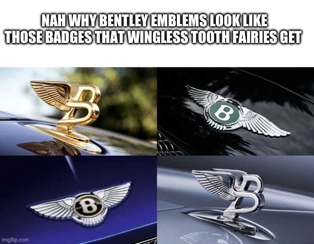 NAH WHY BENTLEY EMBLEMS LOOK LIKE THOSE BADGES THAT WINGLESS TOOTH FAIRIES GET | image tagged in blank square | made w/ Imgflip meme maker