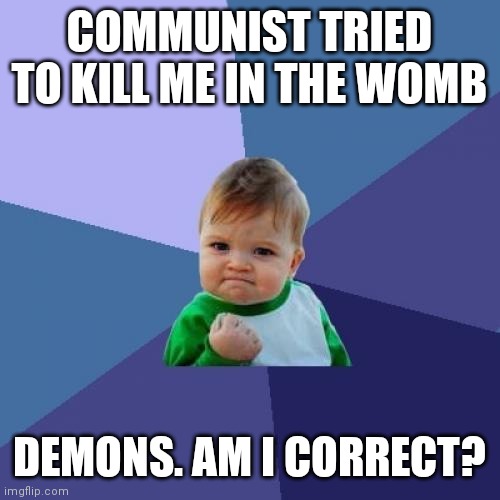 Success Kid Meme | COMMUNIST TRIED TO KILL ME IN THE WOMB DEMONS. AM I CORRECT? | image tagged in memes,success kid | made w/ Imgflip meme maker