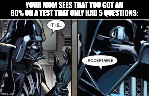 It Is Acceptable | YOUR MOM SEES THAT YOU GOT AN 80% ON A TEST THAT ONLY HAD 5 QUESTIONS: | image tagged in it is acceptable | made w/ Imgflip meme maker