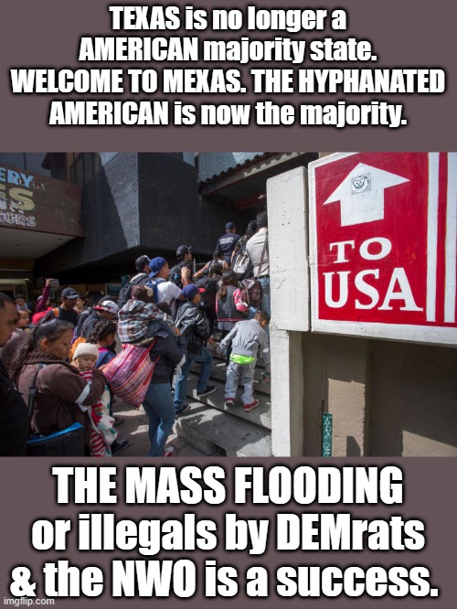 You are now entering MEXAS | TEXAS is no longer a AMERICAN majority state. WELCOME TO MEXAS. THE HYPHANATED AMERICAN is now the majority. THE MASS FLOODING or illegals by DEMrats & the NWO is a success. | image tagged in democrats,open borders,traitors | made w/ Imgflip meme maker