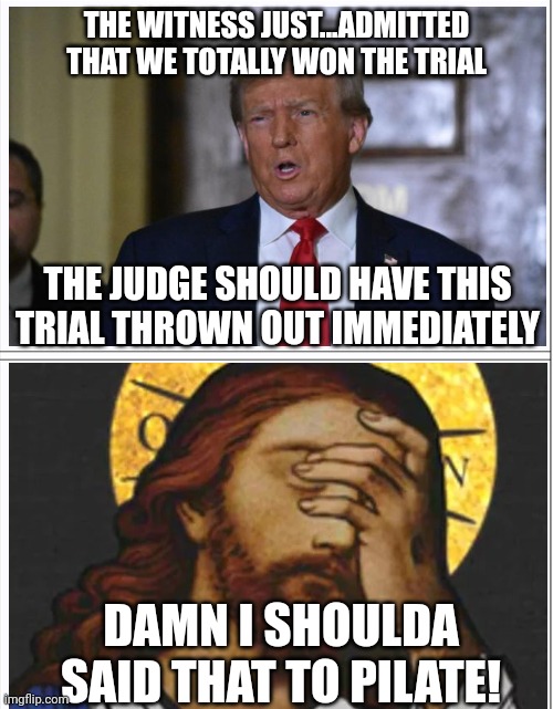 Martyr twins | THE WITNESS JUST...ADMITTED THAT WE TOTALLY WON THE TRIAL; THE JUDGE SHOULD HAVE THIS TRIAL THROWN OUT IMMEDIATELY; DAMN I SHOULDA SAID THAT TO PILATE! | image tagged in republican,victim,jesus christ | made w/ Imgflip meme maker