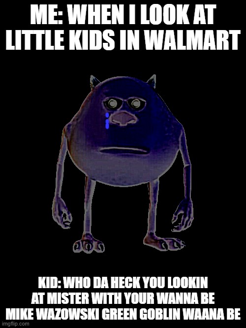 im in da store | ME: WHEN I LOOK AT LITTLE KIDS IN WALMART; KID: WHO DA HECK YOU LOOKIN AT MISTER WITH YOUR WANNA BE MIKE WAZOWSKI GREEN GOBLIN WAANA BE | image tagged in funny | made w/ Imgflip meme maker