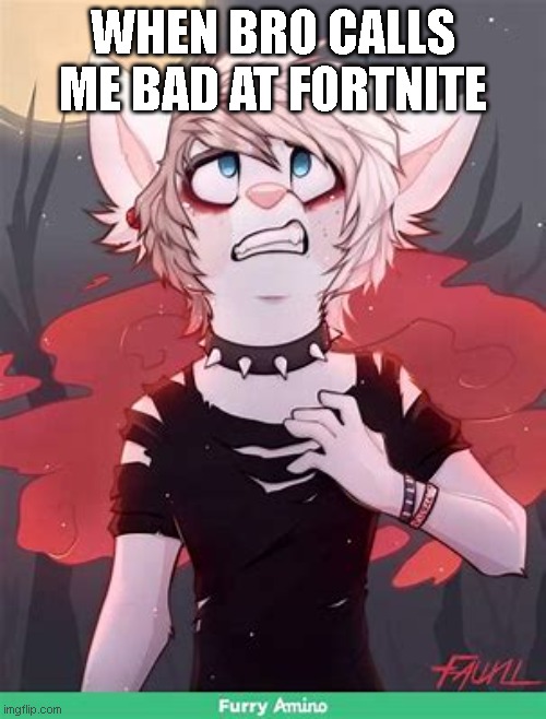 Emo furry | WHEN BRO CALLS ME BAD AT FORTNITE | image tagged in emo furry | made w/ Imgflip meme maker