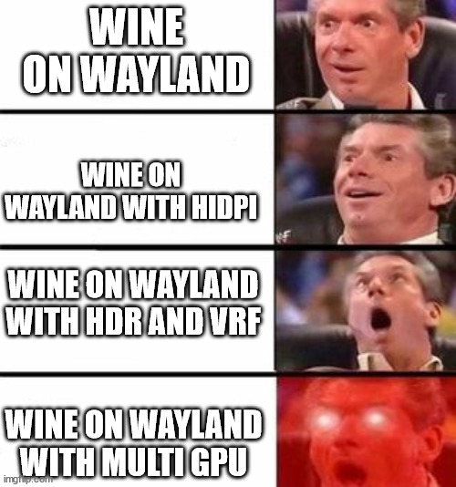 Wine on Wayland | WINE ON WAYLAND; WINE ON WAYLAND WITH HIDPI; WINE ON WAYLAND WITH HDR AND VRF; WINE ON WAYLAND WITH MULTI GPU | image tagged in wine,wayland,hdr,vfr,gpu | made w/ Imgflip meme maker