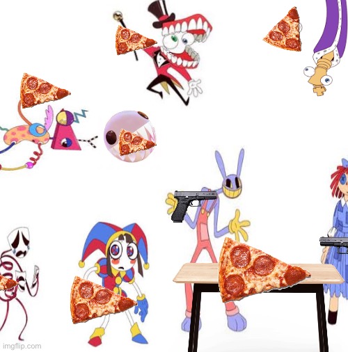 the gang is having a pizza party but then jax and ragatha fight over the last pizza (the two already got one but they want more) | image tagged in blank white template | made w/ Imgflip meme maker