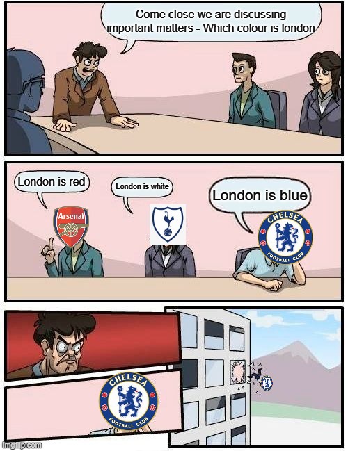 Yea no way london is blue | Come close we are discussing important matters - Which colour is london; London is red; London is white; London is blue | image tagged in memes,boardroom meeting suggestion,chelsea,arsenal,tottenham | made w/ Imgflip meme maker