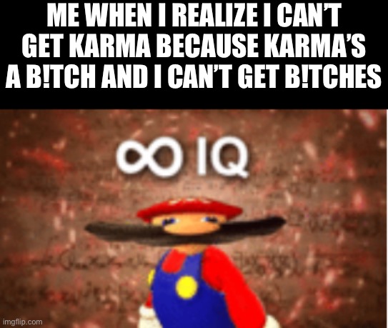 Infinite IQ Mario | ME WHEN I REALIZE I CAN’T GET KARMA BECAUSE KARMA’S A B!TCH AND I CAN’T GET B!TCHES | image tagged in infinite iq | made w/ Imgflip meme maker