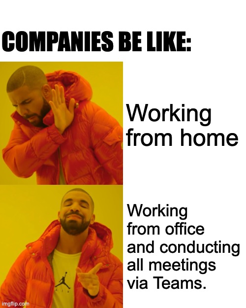 That makes sense | COMPANIES BE LIKE:; Working from home; Working from office and conducting all meetings via Teams. | image tagged in memes,drake hotline bling,homework | made w/ Imgflip meme maker