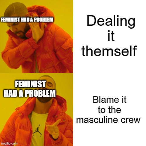 feminist meme | Dealing it themself; FEMINIST HAD A PROBLEM; Blame it to the masculine crew; FEMINIST HAD A PROBLEM | image tagged in memes,drake hotline bling | made w/ Imgflip meme maker