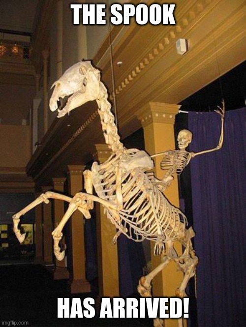 the calcium calvary has arrived | THE SPOOK; HAS ARRIVED! | image tagged in spooky horse and rider skeleton,spooktober,spooky month,spooky scary skeletons | made w/ Imgflip meme maker