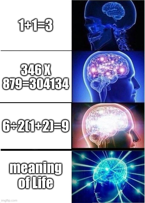 Expanding Brain | 1+1=3; 346 X 879=304134; 6÷2(1+2)=9; meaning of Life | image tagged in memes,expanding brain | made w/ Imgflip meme maker