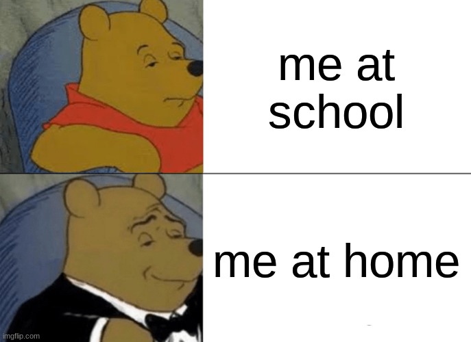 me at school vs me at home | me at school; me at home | image tagged in memes,tuxedo winnie the pooh | made w/ Imgflip meme maker