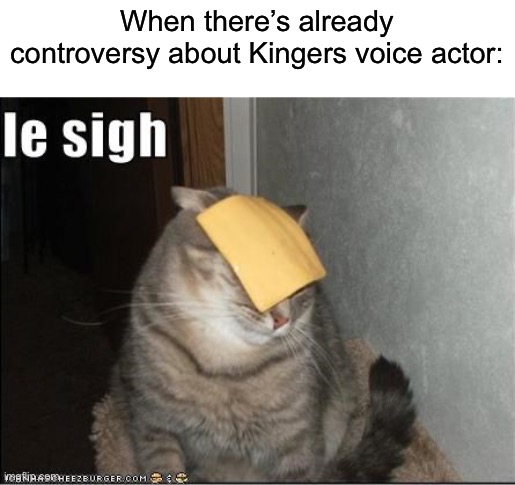 And he’s me favorite character too | When there’s already controversy about Kingers voice actor: | image tagged in le sigh cat,waaaa | made w/ Imgflip meme maker