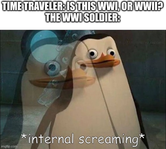 Private Internal Screaming | TIME TRAVELER: IS THIS WWI, OR WWII?
THE WWI SOLDIER: | image tagged in private internal screaming | made w/ Imgflip meme maker