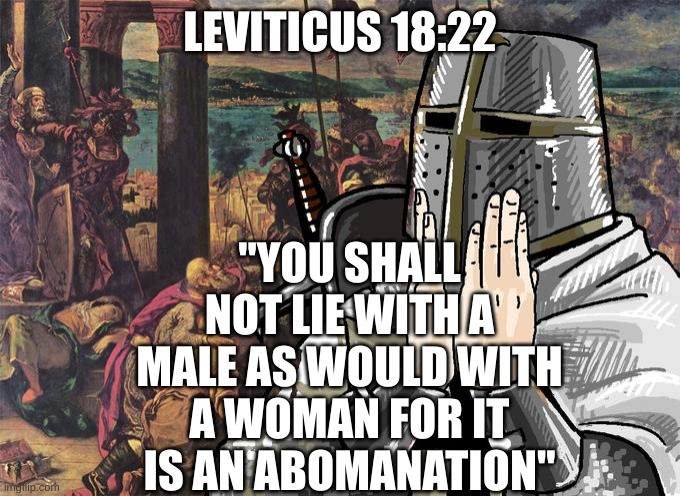 Deus Vult! | "YOU SHALL NOT LIE WITH A MALE AS WOULD WITH A WOMAN FOR IT IS AN ABOMANATION"; LEVITICUS 18:22 | image tagged in deus vult | made w/ Imgflip meme maker