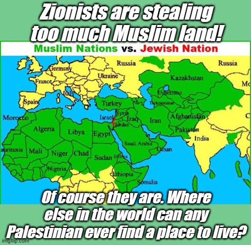 The truth is no Muslim nations want the Palestinians because they cause probelems everywhere they go. | Zionists are stealing too much Muslim land! Of course they are. Where else in the world can any Palestinian ever find a place to live? | image tagged in israel,islam,no land | made w/ Imgflip meme maker