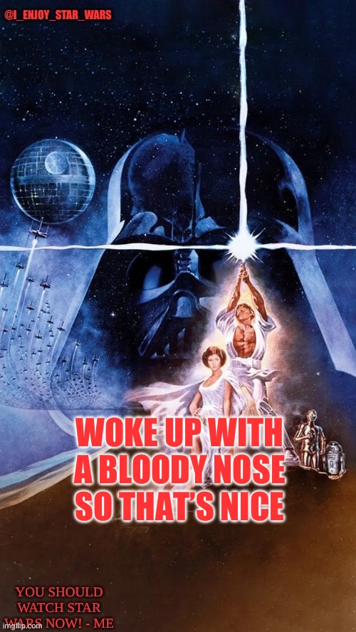 I_enjoy_star_wars | WOKE UP WITH A BLOODY NOSE SO THAT’S NICE | image tagged in i_enjoy_star_wars | made w/ Imgflip meme maker
