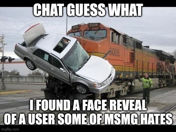 It's called what_are_you link in comments | CHAT GUESS WHAT; I FOUND A FACE REVEAL OF A USER SOME OF MSMG HATES | image tagged in car crash | made w/ Imgflip meme maker