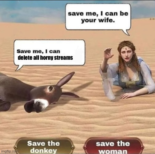 D | delete all horny streams | image tagged in a donkey and a girl | made w/ Imgflip meme maker