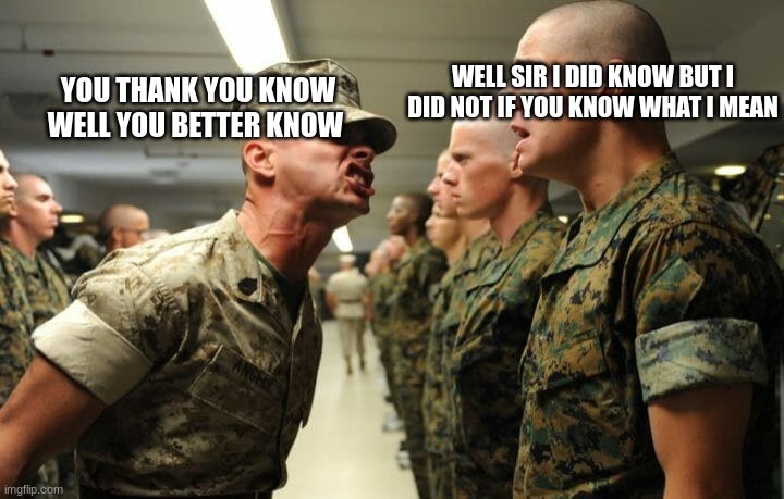 Funny US army memes | WELL SIR I DID KNOW BUT I DID NOT IF YOU KNOW WHAT I MEAN; YOU THANK YOU KNOW WELL YOU BETTER KNOW | image tagged in funny us army memes | made w/ Imgflip meme maker