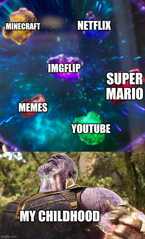 Thanos Infinity Stones | MINECRAFT; NETFLIX; IMGFLIP; SUPER MARIO; MEMES; YOUTUBE; MY CHILDHOOD | image tagged in thanos infinity stones | made w/ Imgflip meme maker