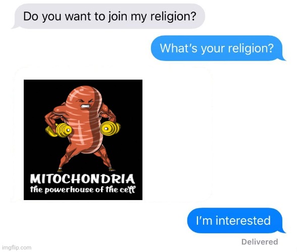 Mitochondria | image tagged in whats your religion,mitochondria,the powerhouse of the cell,memes,science,religion | made w/ Imgflip meme maker