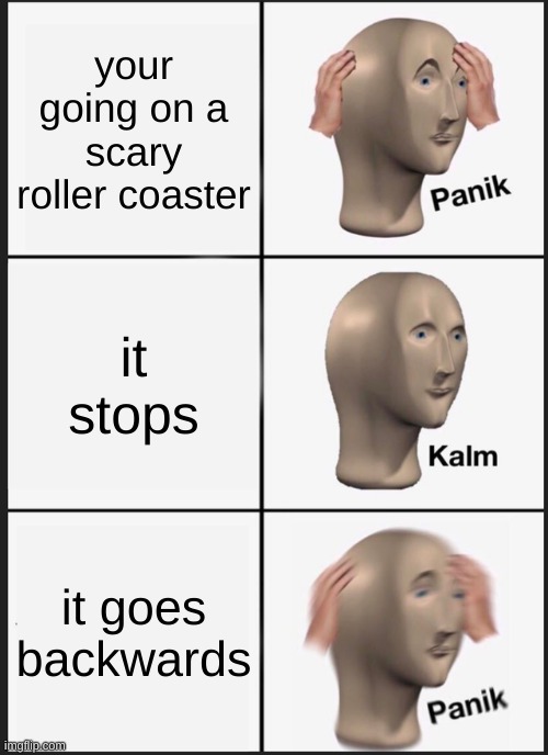 ahhhh so calm that is sto- wait, why we going backwards? | your going on a scary roller coaster; it stops; it goes backwards | image tagged in memes,panik kalm panik | made w/ Imgflip meme maker