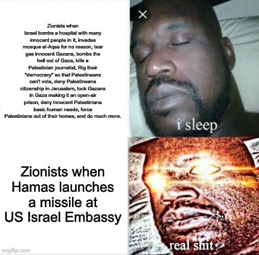 zionists are hypocrites | Zionists when Israel bombs a hospital with many innocent people in it, invades mosque al-Aqsa for no reason, tear gas innocent Gazans, bombs the hell out of Gaza, kills a Palestinian journalist, Rig their "democracy" so that Palestineans can't vote, deny Palestineans citizenship in Jerusalem, lock Gazans in Gaza making it an open-air prison, deny innocent Palestinians basic human needs, force Palestinians out of their homes, and do much more. Zionists when Hamas launches a missile at US Israel Embassy | image tagged in memes,sleeping shaq | made w/ Imgflip meme maker