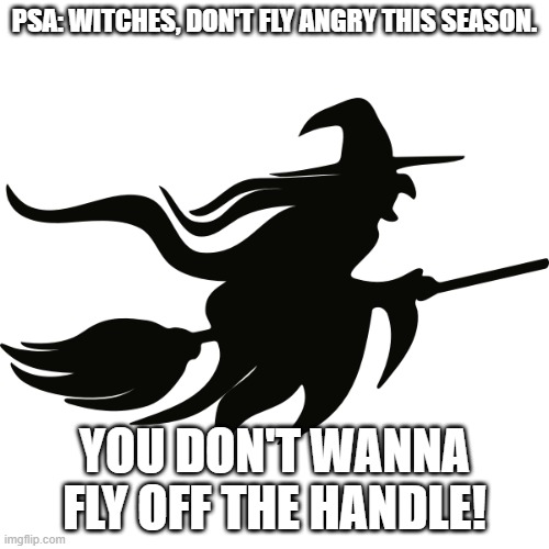Witch on Broomstick with transparency | PSA: WITCHES, DON'T FLY ANGRY THIS SEASON. YOU DON'T WANNA FLY OFF THE HANDLE! | image tagged in witch on broomstick with transparency | made w/ Imgflip meme maker